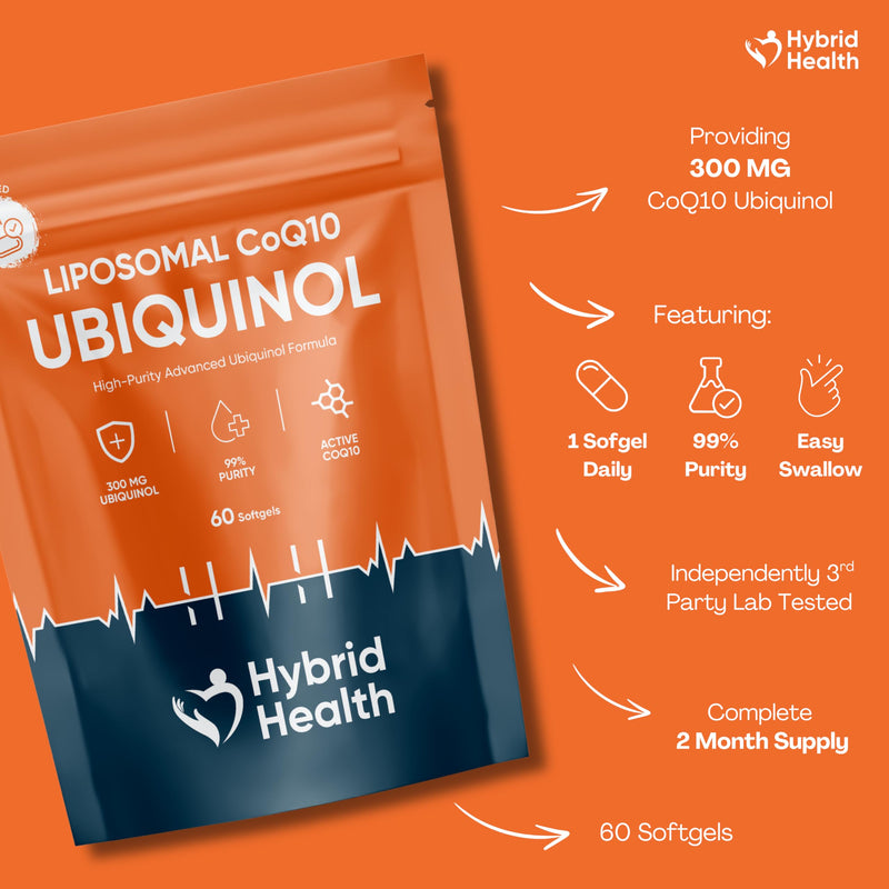 Hybrid Health CoQ10 Ubiquinol 300mg Supplement - 60 Easy-to-Swallow Softgels, 99% Purity Ubiquinol CoQ10, Independently Third Party Tested, 60 Servings, 2 Months Supply