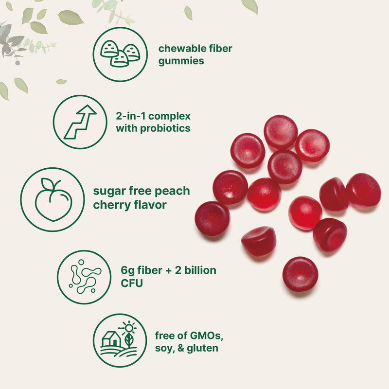 Micro Ingredients Fiber Gummies with Probiotics, 120 Count | 6g Per Serving + 2 Billion CFU | Sugar Free Peach Cherry Flavor | High Fiber Supplement for Women & Men | Non-GMO, Gluten Free