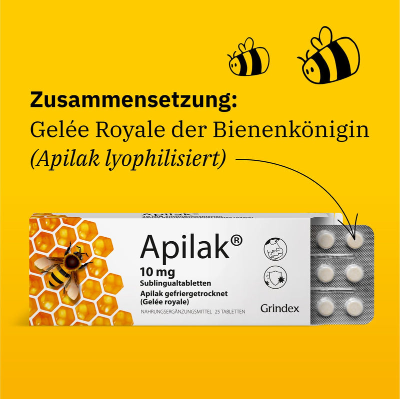[Australia] - Apilak Grindex 10 mg - dietary supplement with liofilized royal jelly | Support for adults and children | 25 Natural Sublingual Tablets 