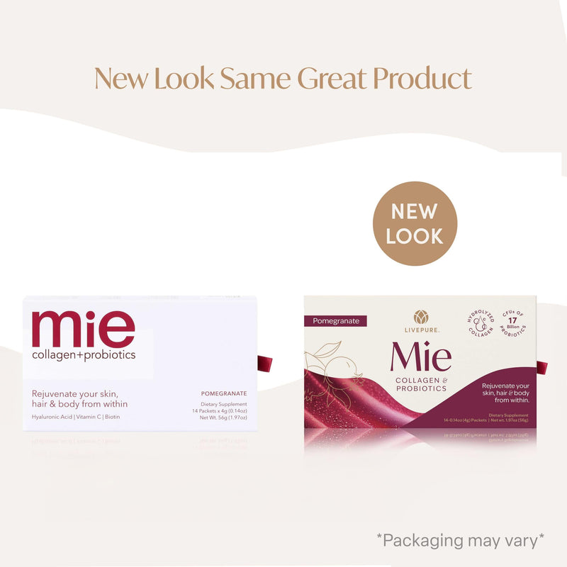 PURE | Mie Collagen + Probiotics | Pomegranate | Supplement for Beauty | 14 Packets | Biotin & Collagen Infused | Hair Skin & Nail Strengthener | Gut Health Support with Probiotics & Vitamin C