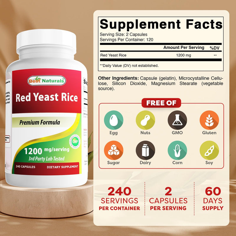 [Australia] - Best Naturals Red Yeast Rice 1200mg Per Serving 240 Capsules - Premium Formula - 3rd Party Lab Tested 