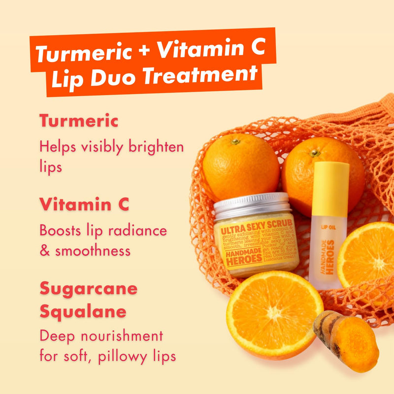 Handmade Heroes Turmeric Lip Scrub & Vitamin C Lip Oil Set | Brightening & Nourishing Treatment Duo, 100% Natural, Vegan Lip Care Set for Dry, Dark, Dull Lips, Gift Set