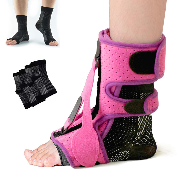 Plantar Fasciitis Night Splint with 3 Adjustable Straps & Fasciitis Socks, Pain Relief Foot Drop, Heel Spur, Achilles Tendonitis Day&Night, Comfortable Brace Women (Pink) Pink