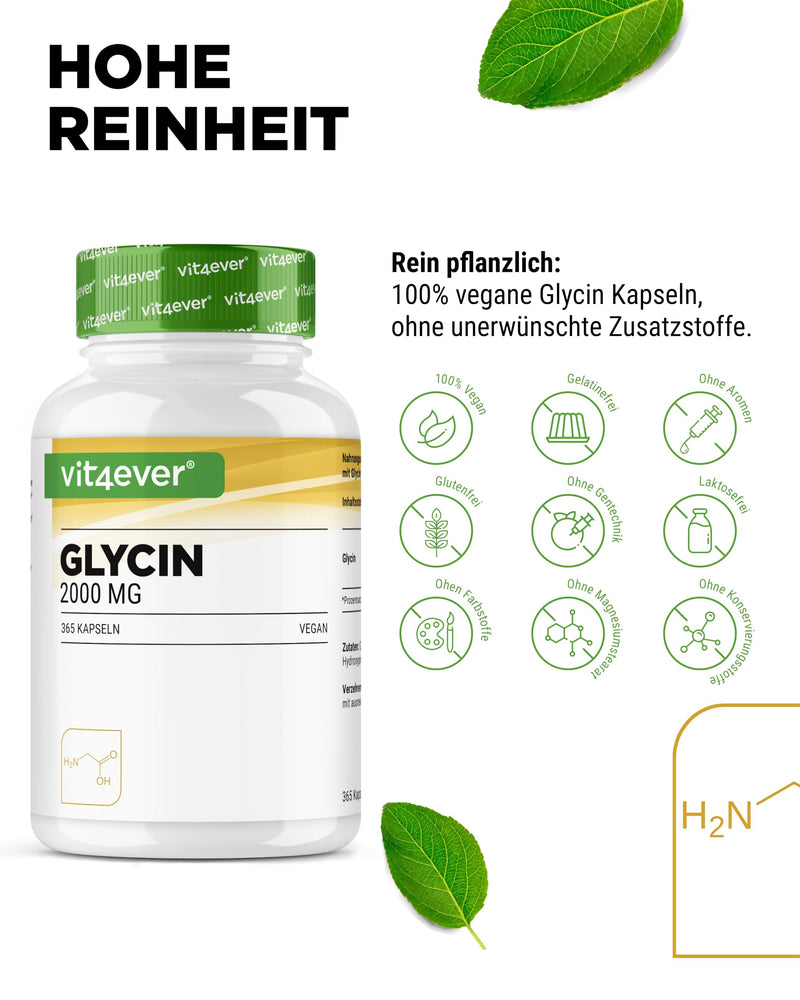 [Australia] - Glycine - 365 capsules - High dose with 2000 mg L-Gylcine per daily serving - Particularly high purity - without additives - Vegan 