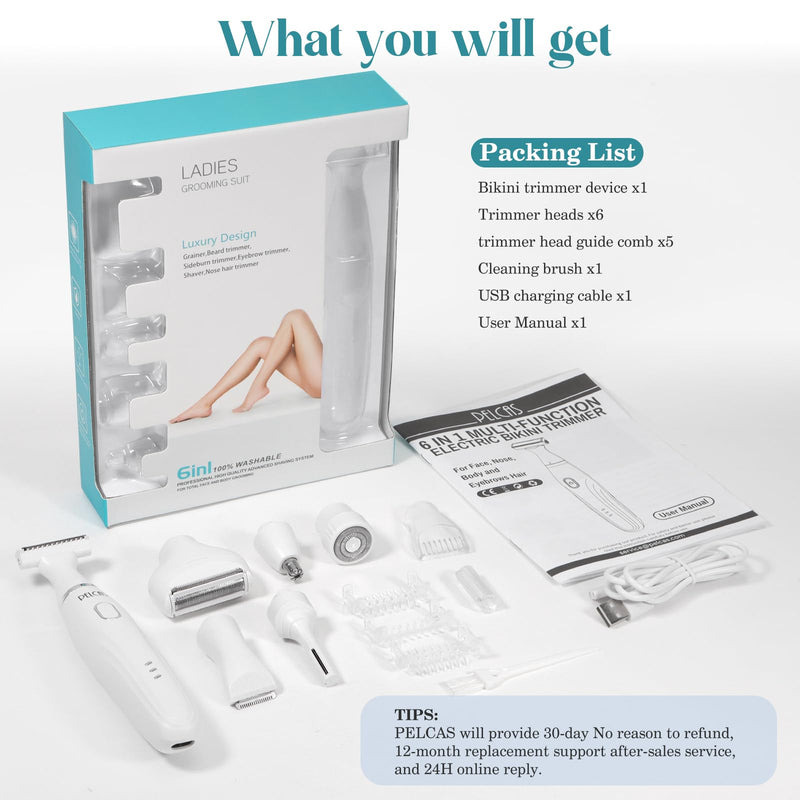 [Australia] - PELCAS Bikini Trimmer for Women Kit 6 in 1 Electric Shaver, Cordless Razors, Nose Hair Trimmer, Shaver for Women & Men Pubic Hair, Private Area, Legs, Face, Nose, Eyebrow, Body Hair Removal 