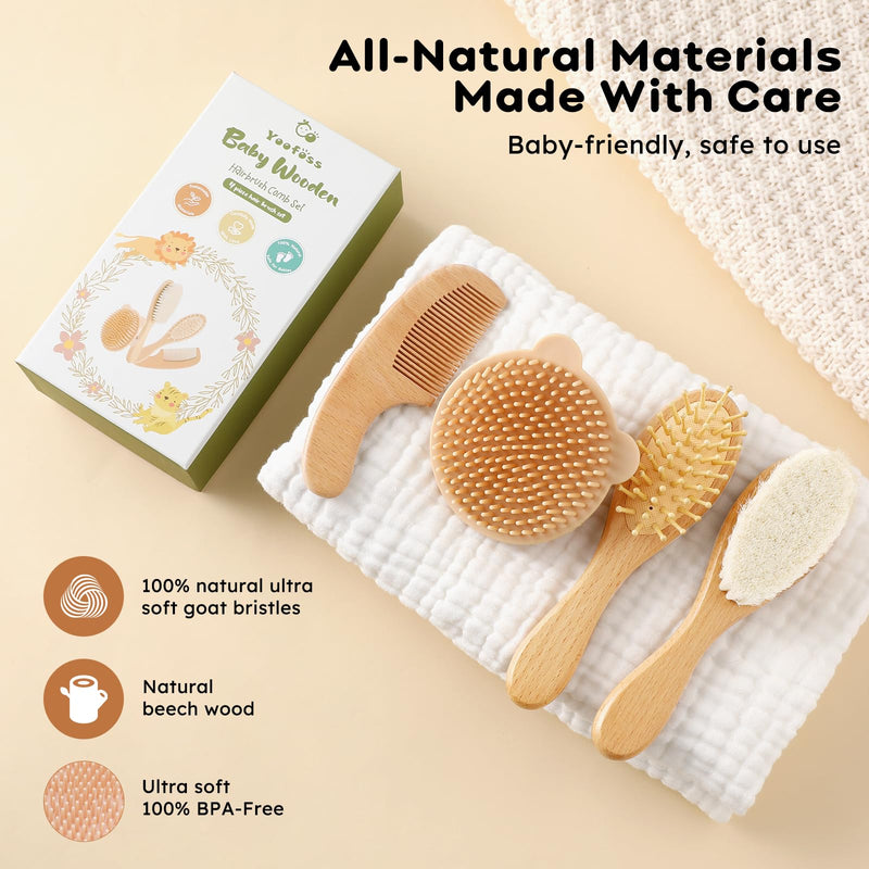 [Australia] - Yoofoss 4 Piece Baby Brush and Comb Set, Wooden Baby Brush with Natural Ultra Soft Goat Hair, Baby Hair Brush for Newborn, Baby Brush Set for Boy Girl Wood 