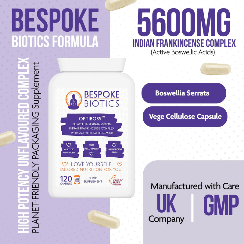 Boswellia Serrata 5600mg 120 Capsules (V) OPTIBOSS Strong Anti-inflammatory & Joint Support, Lung, Skin & Gut. Indian Frankincense Vegan Made in the UK to high GMP Standards