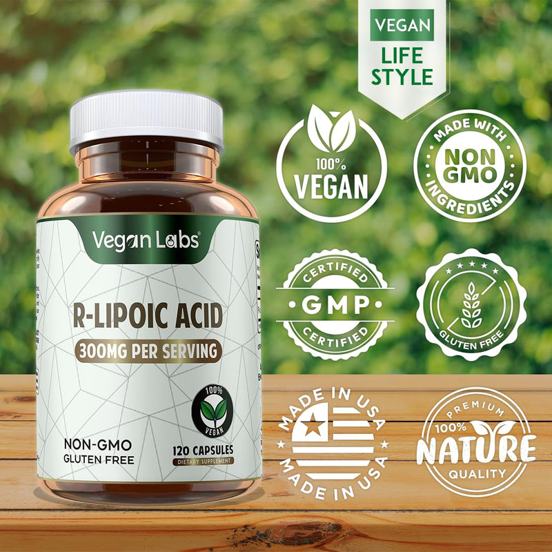 R-Lipoic Acid 300MG, 120 Vegan Capsules- Supports Cellular Energy and Antioxidant Protection- Gluten Free, Non-GMO, Stabilized R-ALA Supplement- 4 Month Supply