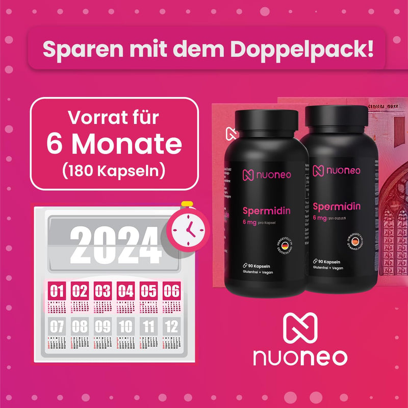 [Australia] - Spermidine capsules high dosage 6 mg per capsule - made in Germany (2 x 90 pieces) supply for 6 months - wheat germ powder gluten-free 6 mg Spermidine 90 pieces (pack of 2) 