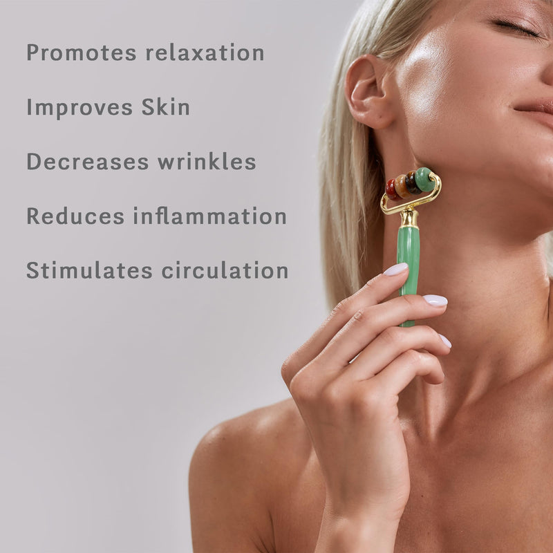 Eurow Luxe Multi-Stone Jade Face Roller for Skincare, Puffiness, Wrinkles, Relaxation, Circulation, Product Absorption & Massage, Rejuvenating Facial Tool for Women & Men, Multi-Color