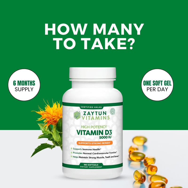 Zaytun Halal Vitamin D3 5000 IU, 6 Months Supply, Supports Bones, Healthy Muscle Function & Immune, Premium Vitamin D from Safflower Oil, Non-GMO, Gluten-Free, 180 Mini Softgels - Made in USA 1