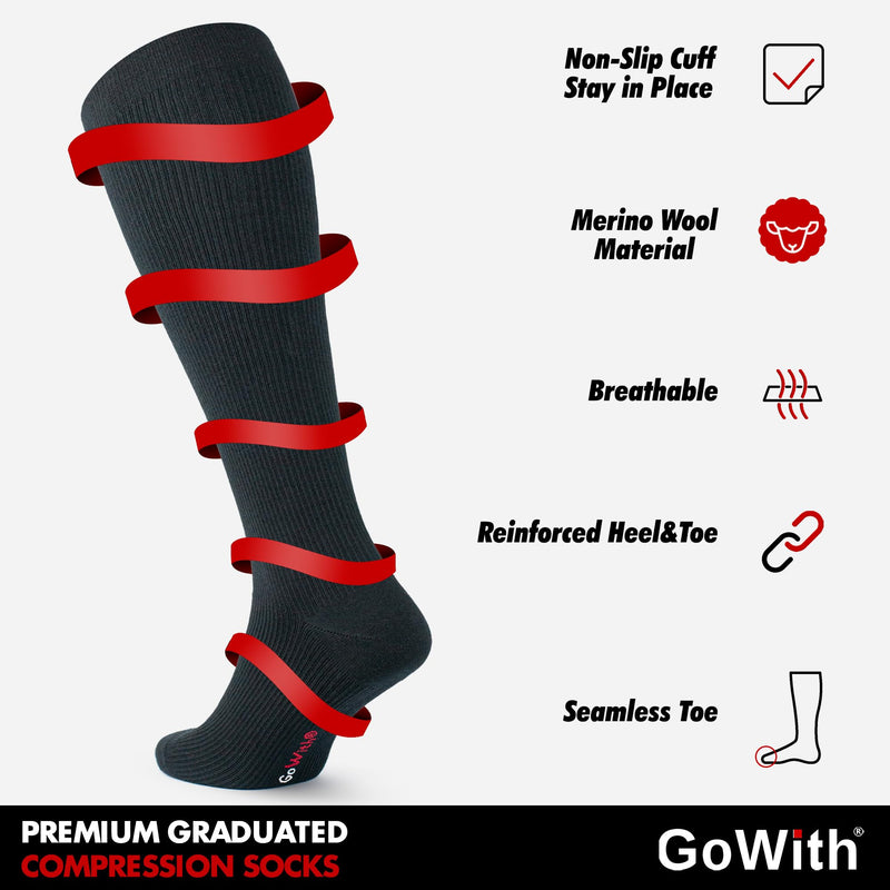 [Australia] - GoWith 1-2 pairs of Merino compression stockings for women and men (15-20 mmHg class 1) support stockings, thrombosis stockings, compression socks, plantar fasciitis socks for sports, travel, pregnancy 3589 43-46 Black - 2 pairs 