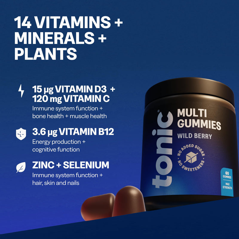 Tonic Health Multivitamin Gummies for Adults - 14 in 1, Vitamins A, C, D, Zinc & Biotin, Wild Berry Flavour, Month Supply (60 Count), No Added Sugar, No Sweeteners, Vegan Vitamin Gummies 60 count (Pack of 1)