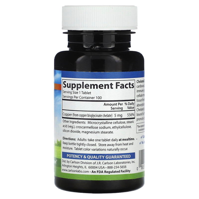 [Australia] - Carlson - Chelated Copper, 5 mg, Superior Absorption, Cardiovascular Health, Nerve Function & Immune Support, 100 Tablets 100 Count (Pack of 1) 