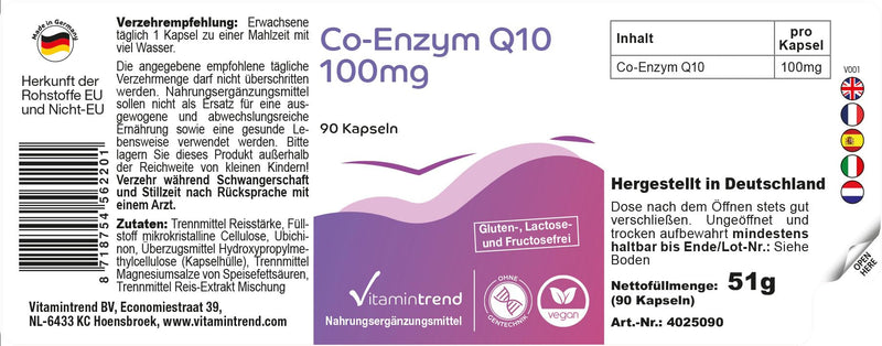 [Australia] - Co-Enzyme Q10 100mg - 90 capsules - high dosage - vegan - bioavailable supplements from Germany | Vitamin trend 