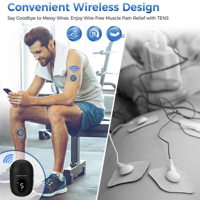 [Australia] - KingPavonini Wireless TENS Unit, Muscle Stimulator for Pain Relief, Portable Rechargeable TENS EMS Machine, LED Screen, Remote, Dual Channel 6 Modes 16 Intensity Massager, Charging Case (Black) Black 
