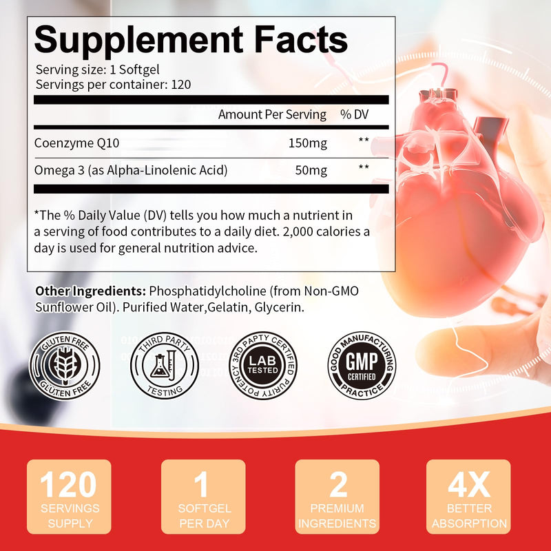 Ubiquinol CoQ10 High Strength 200mg Softgels with Omega 3 Coenzyme Q10 Supplements for Women&Men Powerful Antioxidant for Heart Health 120 Softgels 4 Months Supply