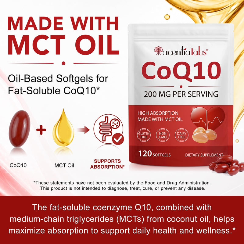 CoQ10 200mg Softgels with MCT Oil – High Absorption Ubiquinone Coenzyme Q10 Supplement – Antioxidant & Cellular Energy Support – Gluten Free Non GMO – 120 Softgels