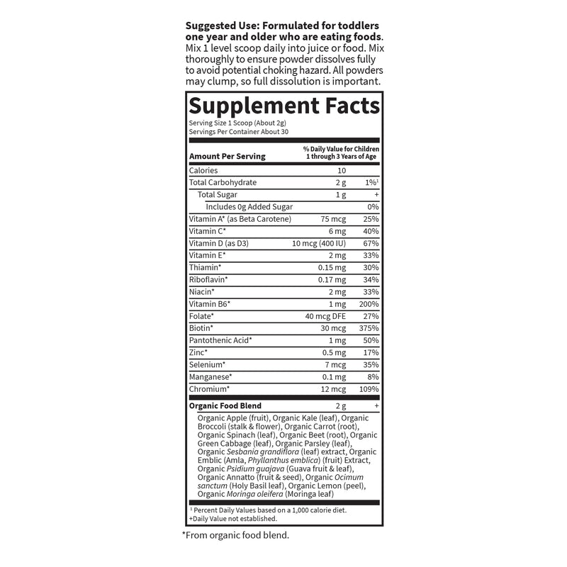 Garden of Life Kids Multivitamin Powder, Daily Vitamins and Minerals for Toddlers & Kids - Organic Toddler Multi Powder With 15 Vitamin C, D3, Zinc for Healthy Growth - Gluten Free - 30 Day Supply 2.11 Ounce (Pack of 1)