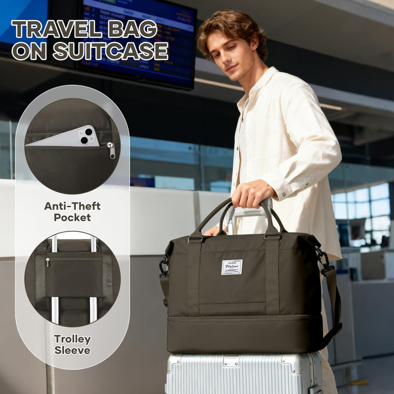 Travel Duffel Bag 18x14x8 Inches Carry On Bag for Airplanes Weekender Overnight Bag for Women with Trolley Sleeve Travel Bag Spirit with Shoes Compartment Sport Tote Gym Bag DarkBrown