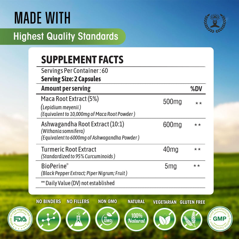 [Australia] - Maca Root 10,000 mg, Ashwagandha 6000mg Extract, Capsules for Men & Women with Turmeric Curcumin and Bioperine 120 Capsules Made in USA 