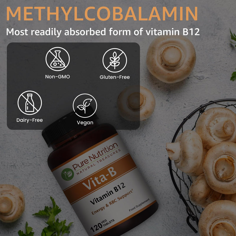 Pure Nutrition Natural Vitamin B12 1500mcg (Methylcobalamin) | 120 Veg Tabs | Vitamin B12 Supplement Helps Support Metabolism, Blood Cells, and Nerves Function* | Non GMO