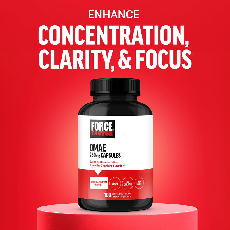 [Australia] - FORCE FACTOR DMAE Supplement for Concentration, Focus, and Healthy Cognitive Function, Brain Supplement & Neurotransmitter Support, Vegan, Non-GMO, 100 Capsules 