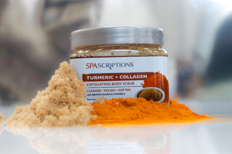 SpaScriptions Turmeric & Collagen Sugar Scrub - Brightening Body Scrub Exfoliator with Brown Sugar & Vitamin E, Ideal for for Dull & Uneven Skin Tone, Helps Support Glowing, Smooth & Firm Skin, 21 oz 21 Ounce (Pack of 1)