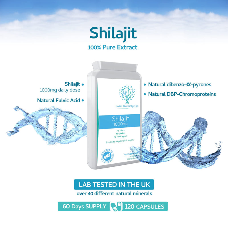 Shilajit 1000mg – containing Natural Fulvic Acid - 100% Pure Extract; No fillers, No Binders, No Flow Agents – Manufactured and Tested in the UK - Suitable for Vegetarians and Vegans