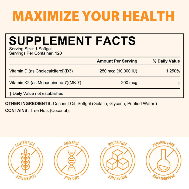 Premium Vitamin D3 & Vitamin K2 (MK-7) 120 Virgin Coconut Oil Softgels, 2 in 1 Vitamin D3 K2 Supplement Support Immune, Bones & Muscle Health, Easy to Swallow and Absorb | Gluten Free