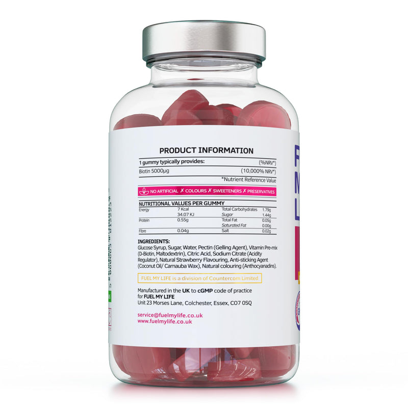 Biotin Gummies 10,000mcg – 60 Vegan Vitamins - Natural Strawberry Flavoured Two Yummy Gummy Daily Dose - Supports Normal Skin & Hair Growth - Chewable - No Artificial Sweeteners – UK Made