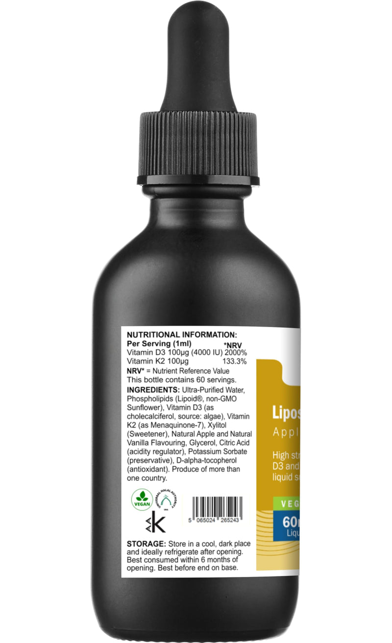 AnMar® Liposomal Vitamin D3 + K2 Liquid – High Strength 4000 IU D3 with MK-7 Vitamin K2 – Apple & Vanilla Flavour Liposomal Vitamin Drops – 60ml (60 Servings)