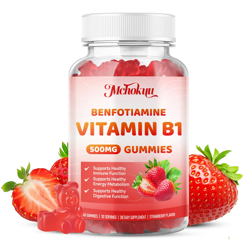 Vitamin B1 Gummies 500mg with Benfotiamine – Thiamine Supplement for Women & Men Supports Healthy Energy Metabolism & Immune, Sugar-Free | Vegan | Non-GMO, Natural Strawberry Flavor, 120 Count 60 Count (Pack of 2)