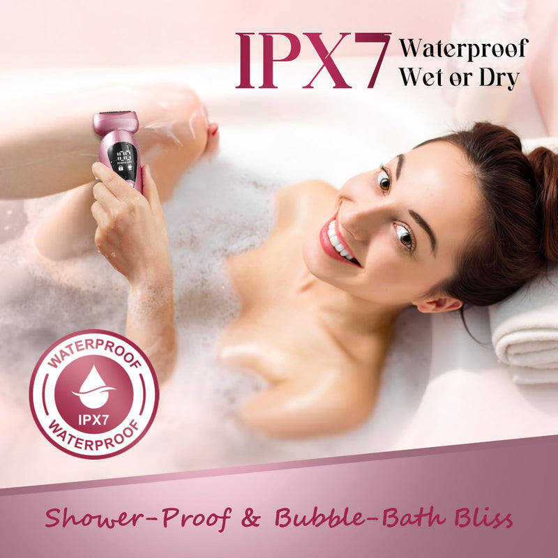 [Australia] - Electric Bikini Trimmer for Women: Rechargeable Painless Shaver for Body Hair - IPX7 Waterproof Cordless Razor with LED Display for Face/Leg Light Pink 
