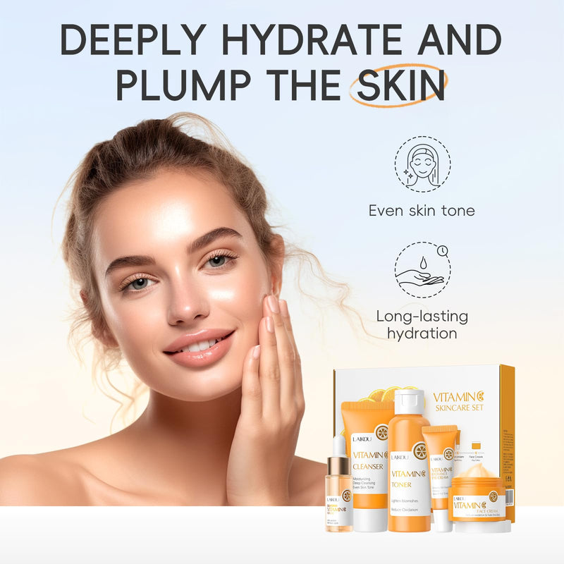 LAIKOU Vitamin C Skin Care, Skin Care Set Beginner Kit TSA-friendly 5pcs | Cleanser, Toner, Serum, Eye Cream, Face Cream for Women Teen Girls Mom Daughter Mother's Day Christmas Birthday