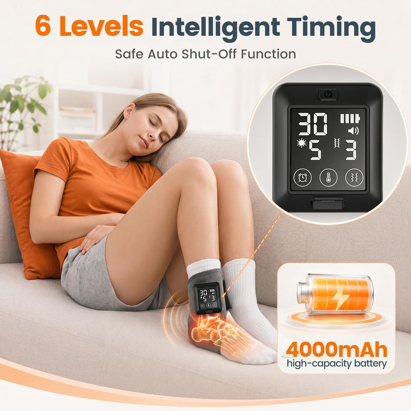 Foot Massager with Heat, Cordless Heated Ankle Wrap with Vibration, 4000mAh Rechargeable Adjustable Ankle Brace, 6 Heat & 6 Vibration Levels, 6 Timing Options(Single)