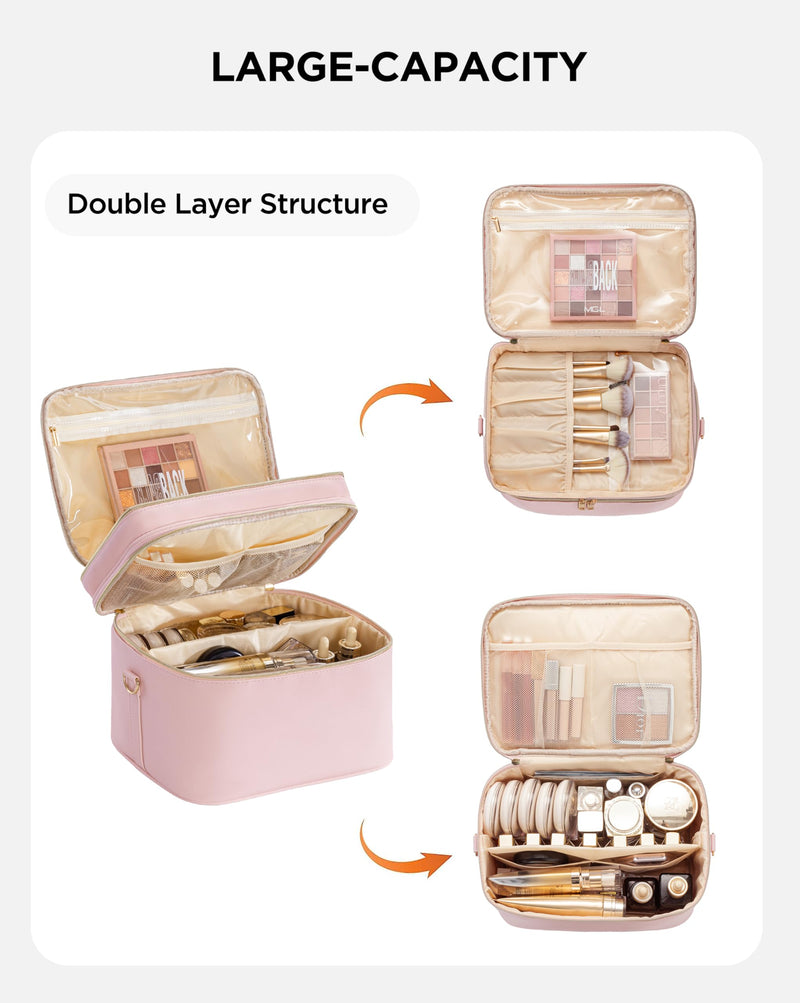 HBlife Extra Large Double Layer Travel Makeup Bag Portable Leather Cosmetic Bag Make Up Bag Makeup Case Organizer Toiletry Bag for Women Girls with Handle, Removable Divider and Shoulder Strap(Pink) Pink