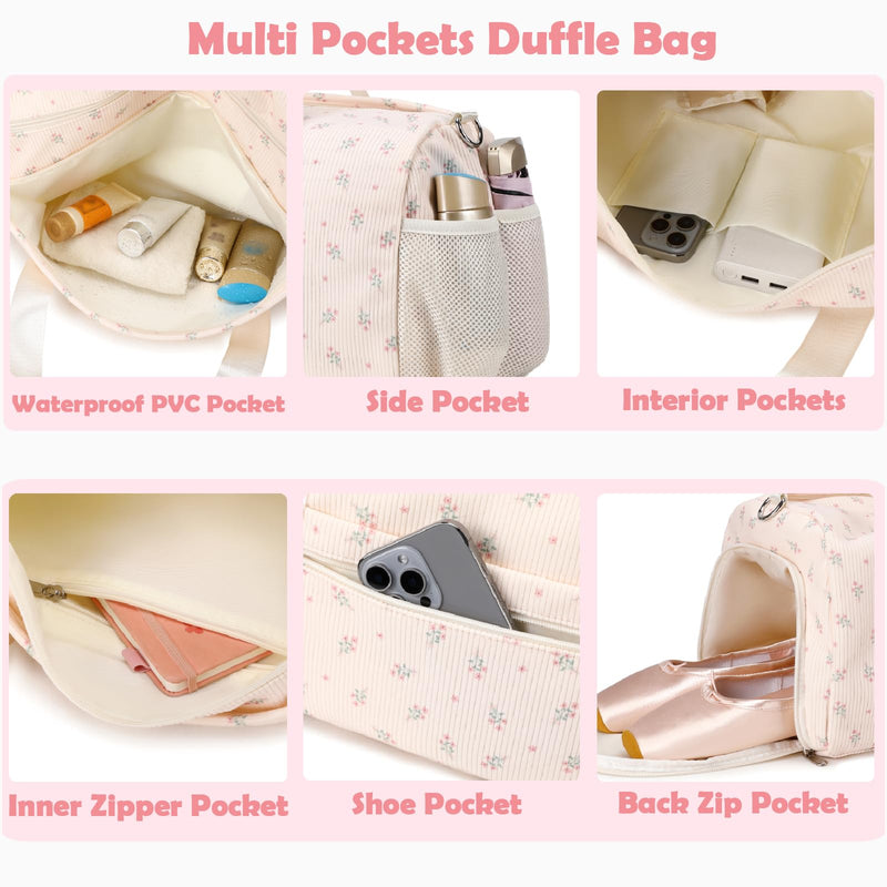 Kimwadalh Travel Duffle Bags with Wet & Shoe Compartments for Girls Women | Dry/Wet Pockets & Shoes Compartment Weekender Carry On Tote Sport Bags for Girls, Mommy Hospital Bag for Labor and Delivery Flower Pink
