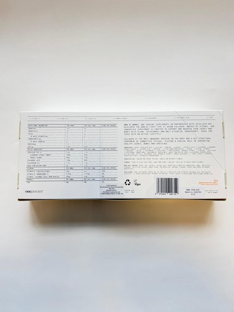 Liquid Collagen Sachets for Joints and Bones - No Mixing Required - Aids Sports Recovery - Plant Based Type 2 Collagen with Vitamins & Glucosamine - One Percent Supplements