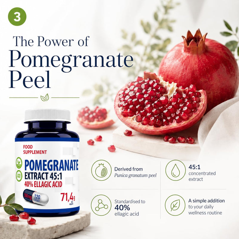 Hepatica Pomegranate Extract 22,500mg Equivalent | 500mg 45:1 Extract Standardised to 40% Ellagic Acid | 120 Vegan Capsules | 4-Month Supply | 3rd Party Lab Tested