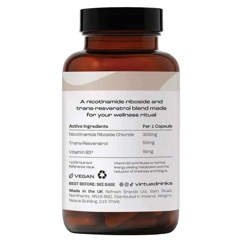 Virtue NAD+ | NAD Supplement for Healthy Aging & Cellular Energy | 300mg Nicotinamide Riboside (NR) + Trans-Resveratrol | 30 Vegan Capsules