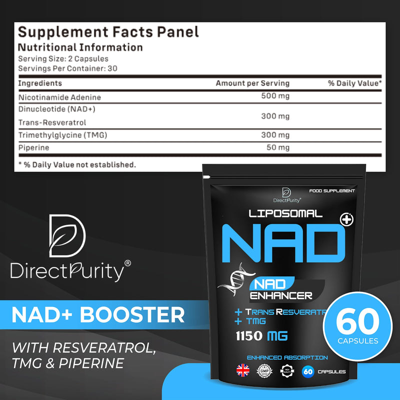 Direct Purity NAD Supplements – 1150 mg Healthy Aging Liposomal NAD with Trans Resveratrol TMG and Piperine Blend Supports Cellular Health DNA Repair Energy and Metabolism – 60 Vegan Capsules