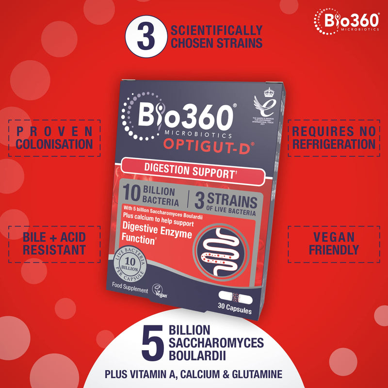 Natures Aid Bio360 OptiGUT-D Probiotic 10 Billion Live Bacteria - High Strength Vegan Digestive Gut Health Support - Gut Health Supplement for Adults & Kids - Gluten Free, Non-GMO - 30 Capsules | Digestion Support Bio360 OptiGUT-D 30 Capsules