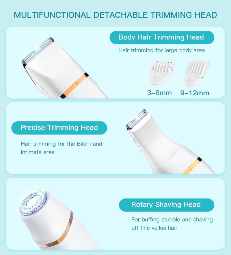 Bikini Trimmer for Women, 3in1 Electric Razor for Women with Facial Trimmers & Intimate Shaver for Sensitive Skin, Waterproof Wet & Dry Use Rechargeable Pubic Hair Trimmer Removal