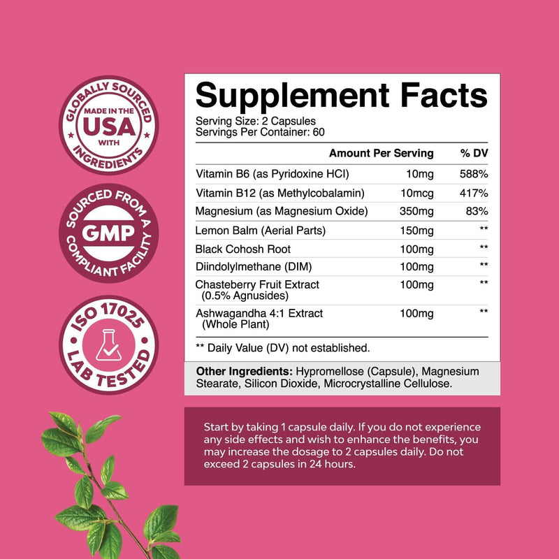 PMS Support Supplement for Women – Hormone Balance for Women & Menstrual Discomfort with DIM, Chasteberry, Black Cohosh & Ashwagandha - for Period Cramps Ease, Menopause Bloating, Mood Swing – 120 Ct 120 Count (Pack of 1)