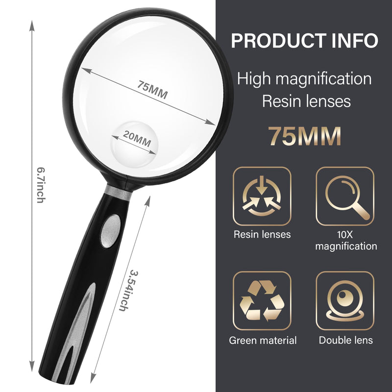 [Australia] - Feosky Handheld Reading Magnifier, 10X 30X Magnifier, 75mm Shatterproof Lens, Non-Slip Handle for Adults Close Work, Seniors Reading and Kids Nature Exploration, Hobby Observation(Silver) Silver 