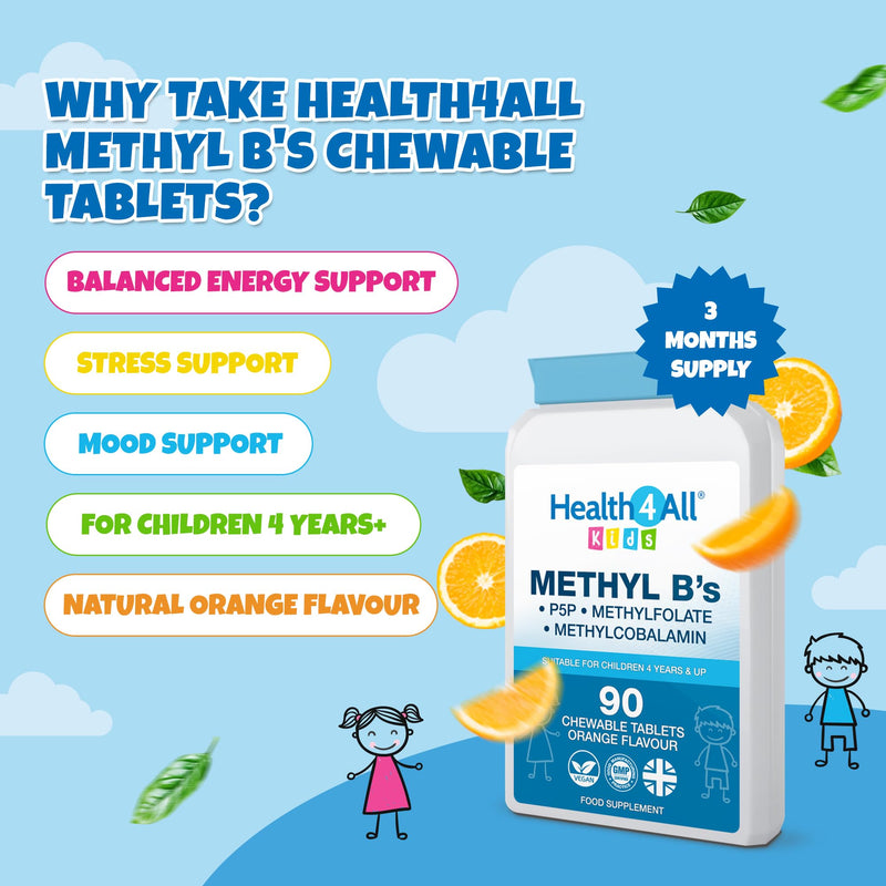 Health4All Kids Methyl B's 90 Chewable Tablets (3 Months Supply), Stress & Mood Support for Children 4+, Methylated B Vitamins B12 Methylcobalamin, 5-Methylfolate & Vitamin B6 P5P, Vegan | Made in UK 90 count (Pack of 1)