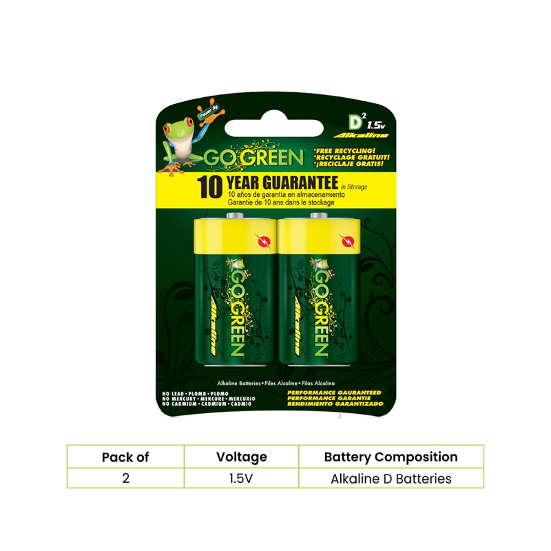 [Australia] - GoGreen Power (24004) Eco Friendly Alkaline D Batteries - No Lead, Cadmium or Mercury - Pack of 2 