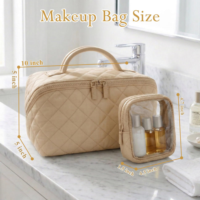 Women Cotton Cosmetic Bag,2PCS/Set Travel Makeup Bag, Large Capacity Cosmetic Bags for Women, Portable Open Flat Toiletry Bags,Makeup Organizer Bag with PVC Mini Wallet Purse, (Khaki) Khaki