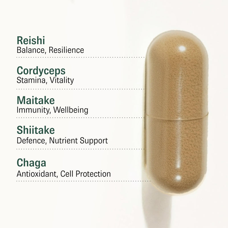 Mushroom Supplement - Lions Mane, Reishi, Cordyceps, Shiitake, Maitake, Chaga, Agaricus Blazei, Tremella with VIT C - UK Made